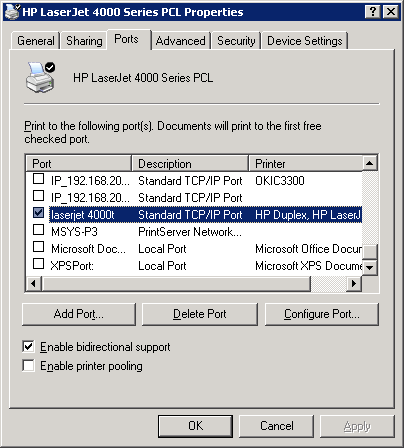 Print Server Properties Ports tab with TCP/IP port entries like IP_192.168.1.100