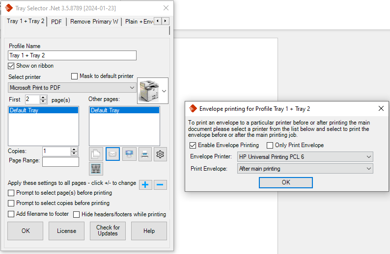 Configuración de impresión de sobres