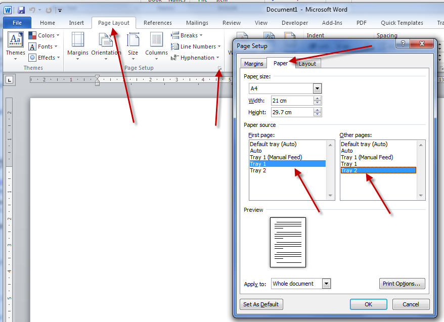 word ignores printer tray settings